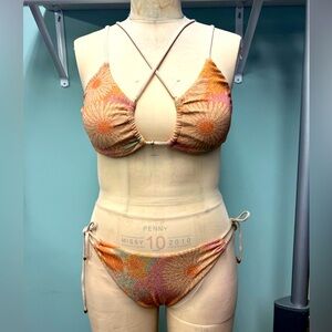 Flower Shiny Taupe Floral Print Crisscross Bikini Top, Size Large